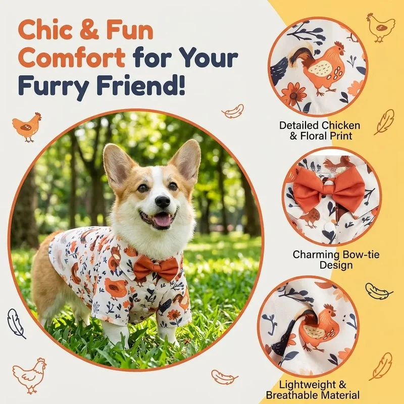 Camisa otoñal con estampado de pollo y pajarita para perros pequeños y gatos - imagen 3
