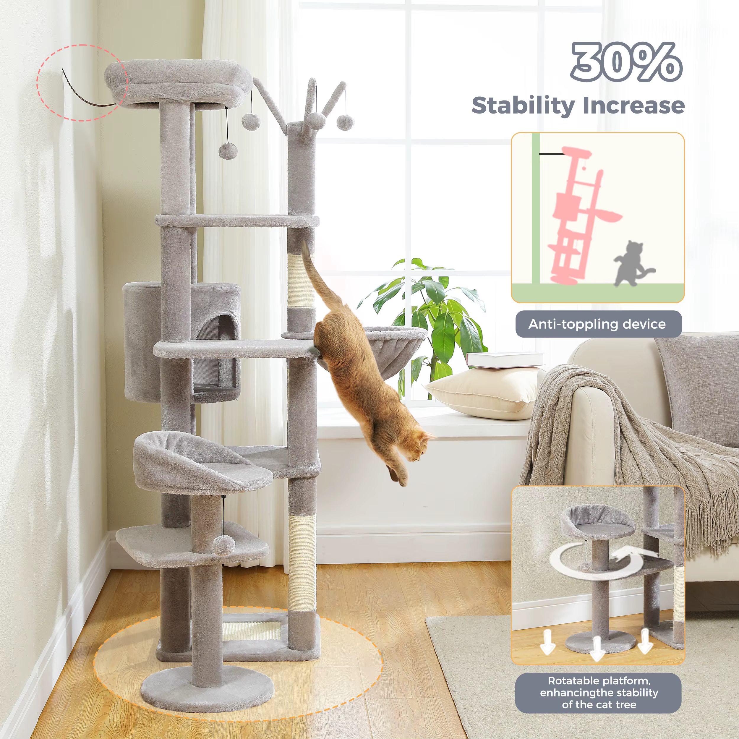 Árbol rascador multinivel para gatos con hamaca, cama y sisal - imagen 5