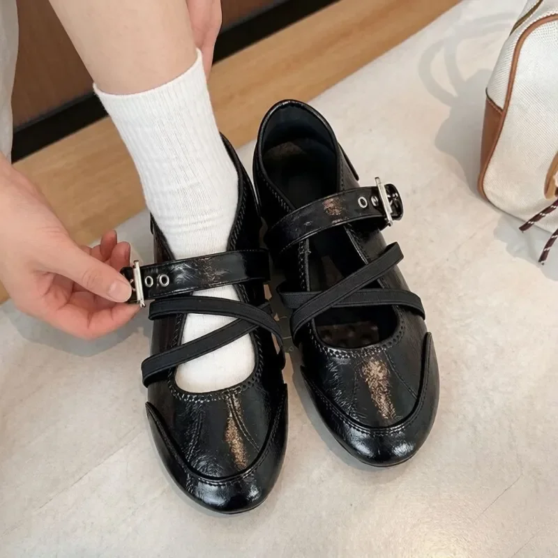 Zapatos Mary Jane planos retro con tira cruzada estilo ballet sin cordones - imagen 3