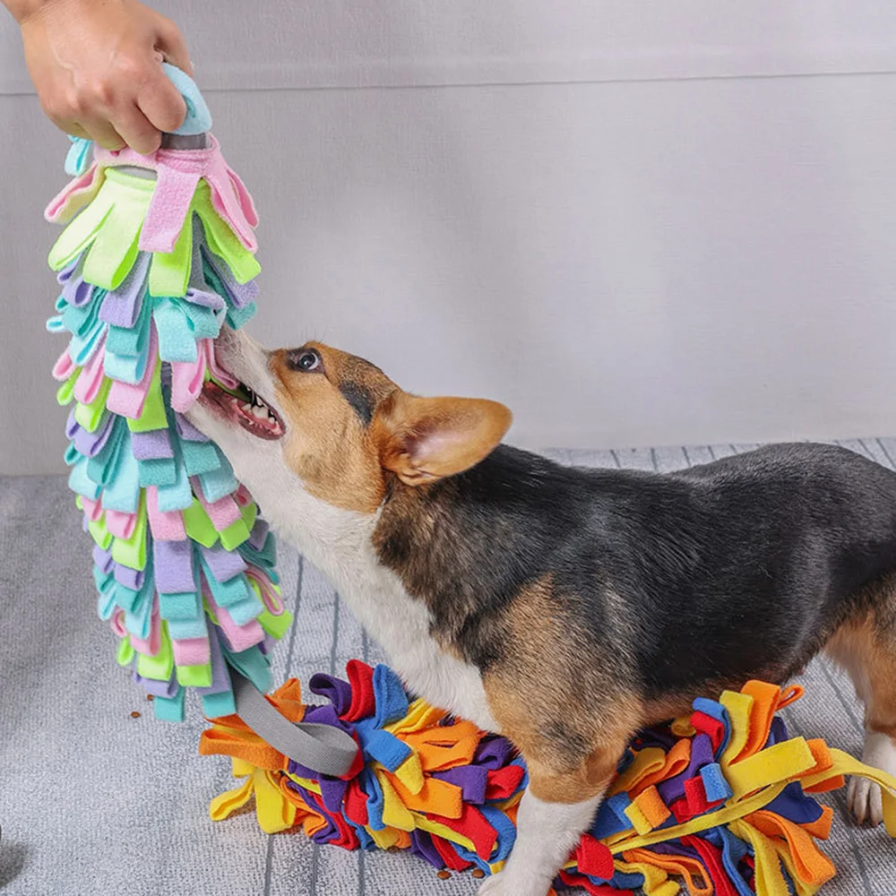 Perro jugando con la estera de forrajeo