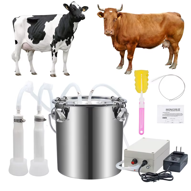 Vista frontal de la máquina de ordeño con cubo de acero inoxidable