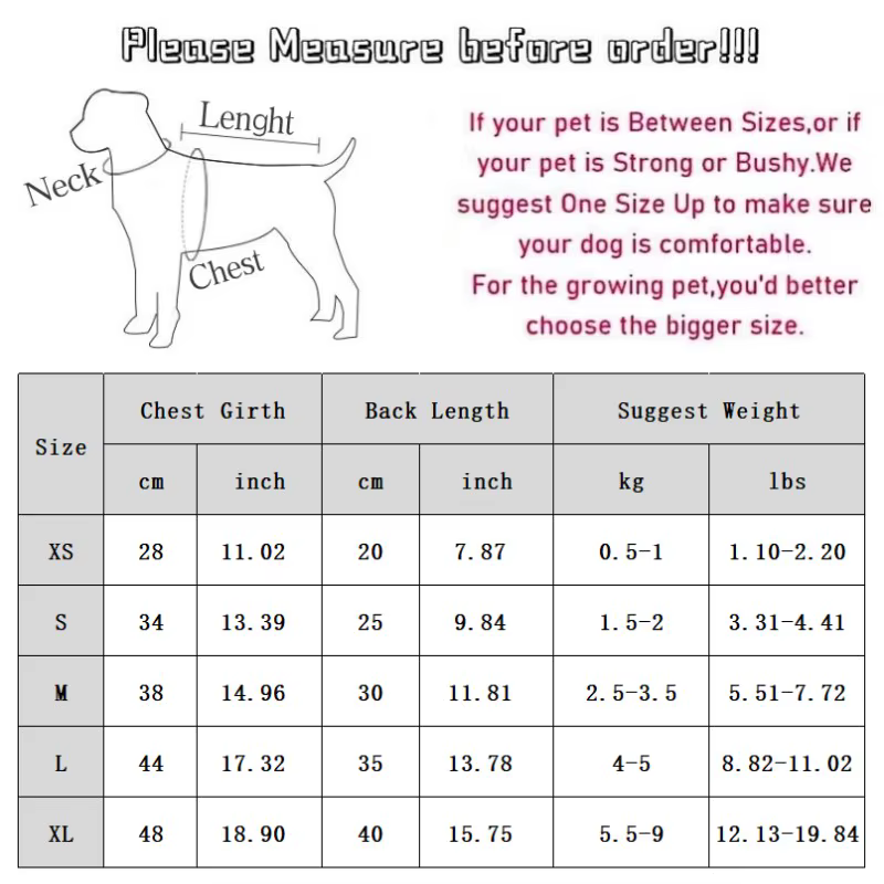 Tabla de tallas para sudaderas de mascota