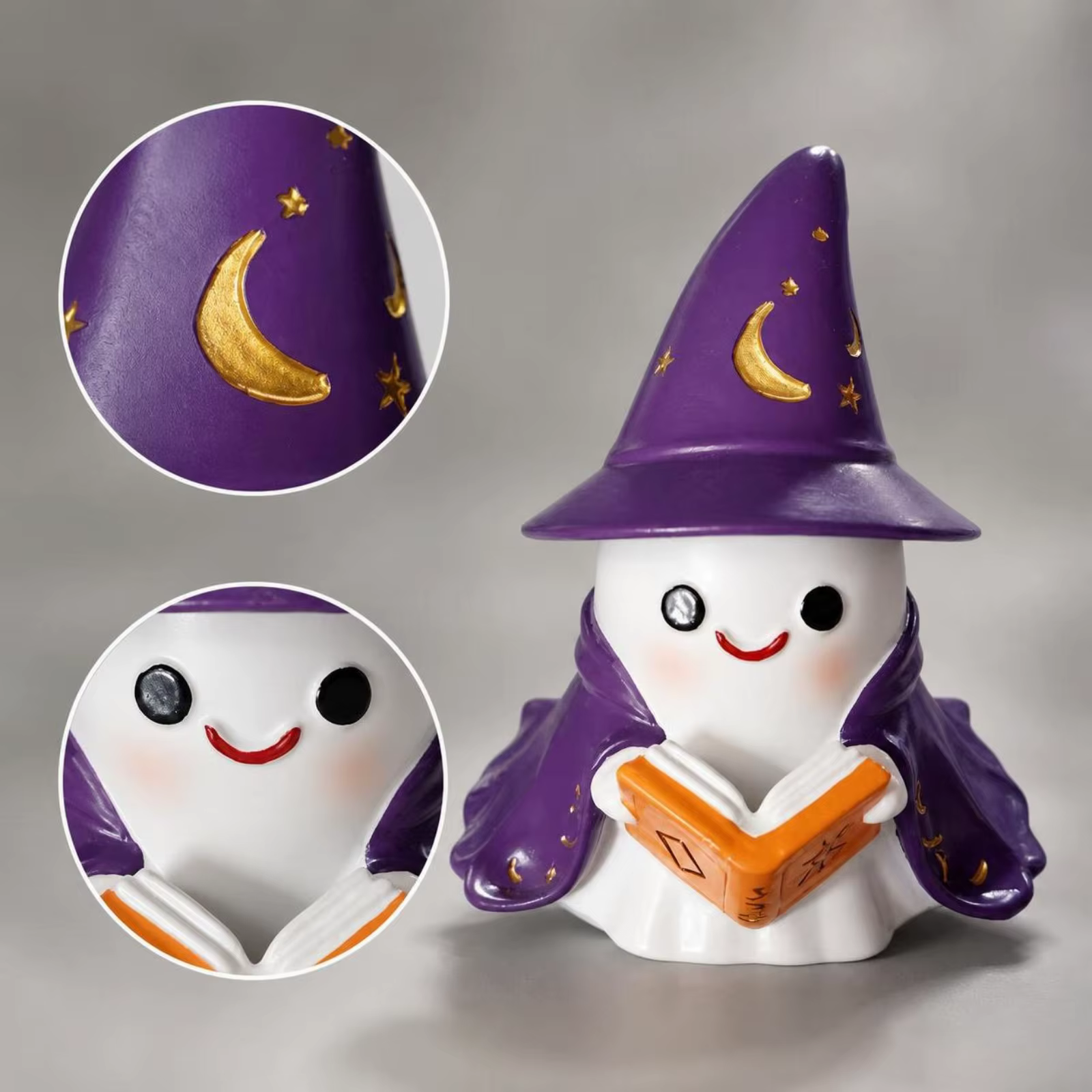 Figura Decorativa Fantasma Mago con Libro Brillante – Adorable para Mesa de Noche - imagen 3