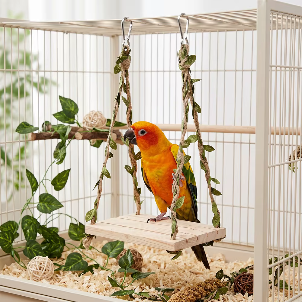 Plataforma colgante de madera para loros y agapornis con enredaderas - imagen 3