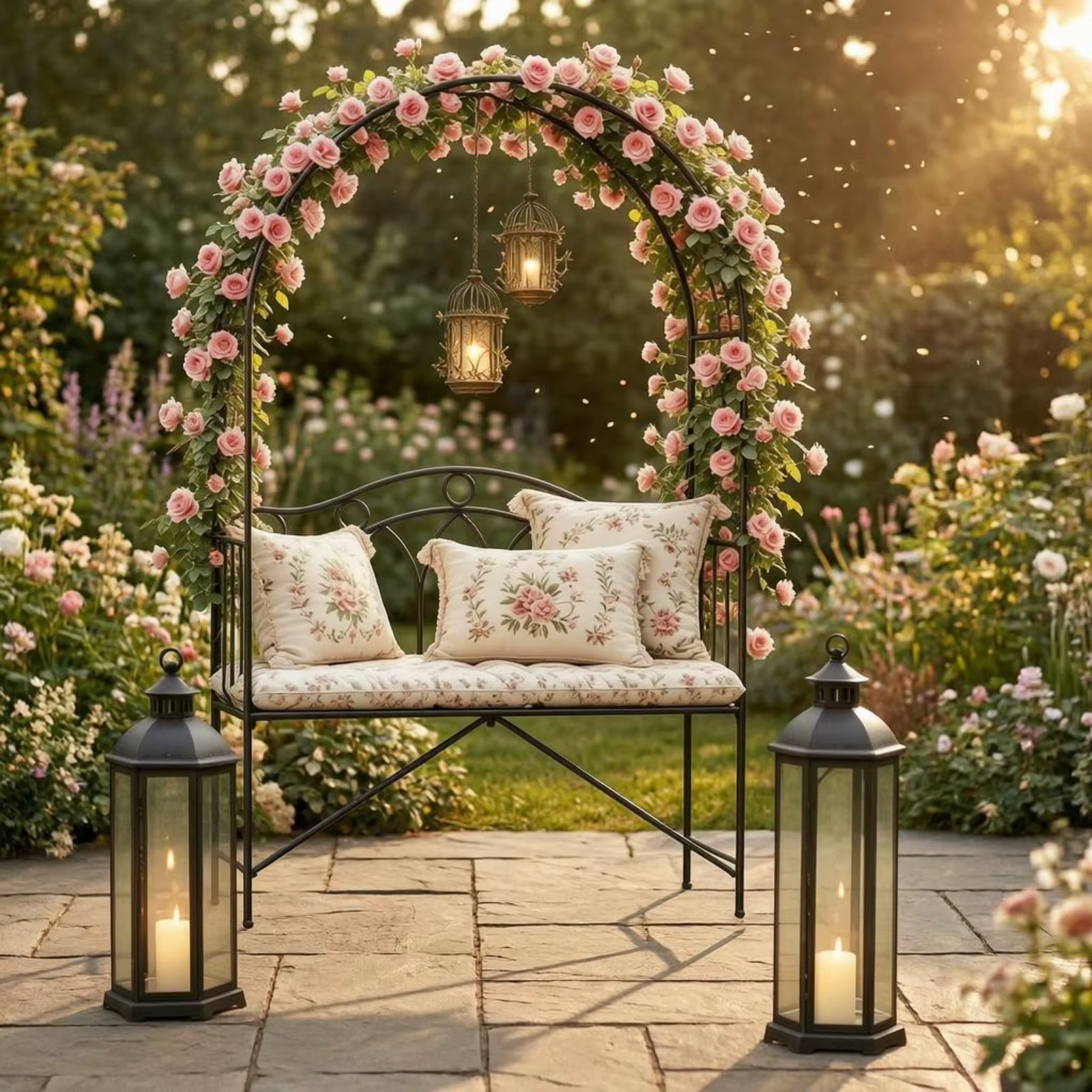 Banco de jardín para mascotas Trellis de hierro, respaldo curvo - imagen 4