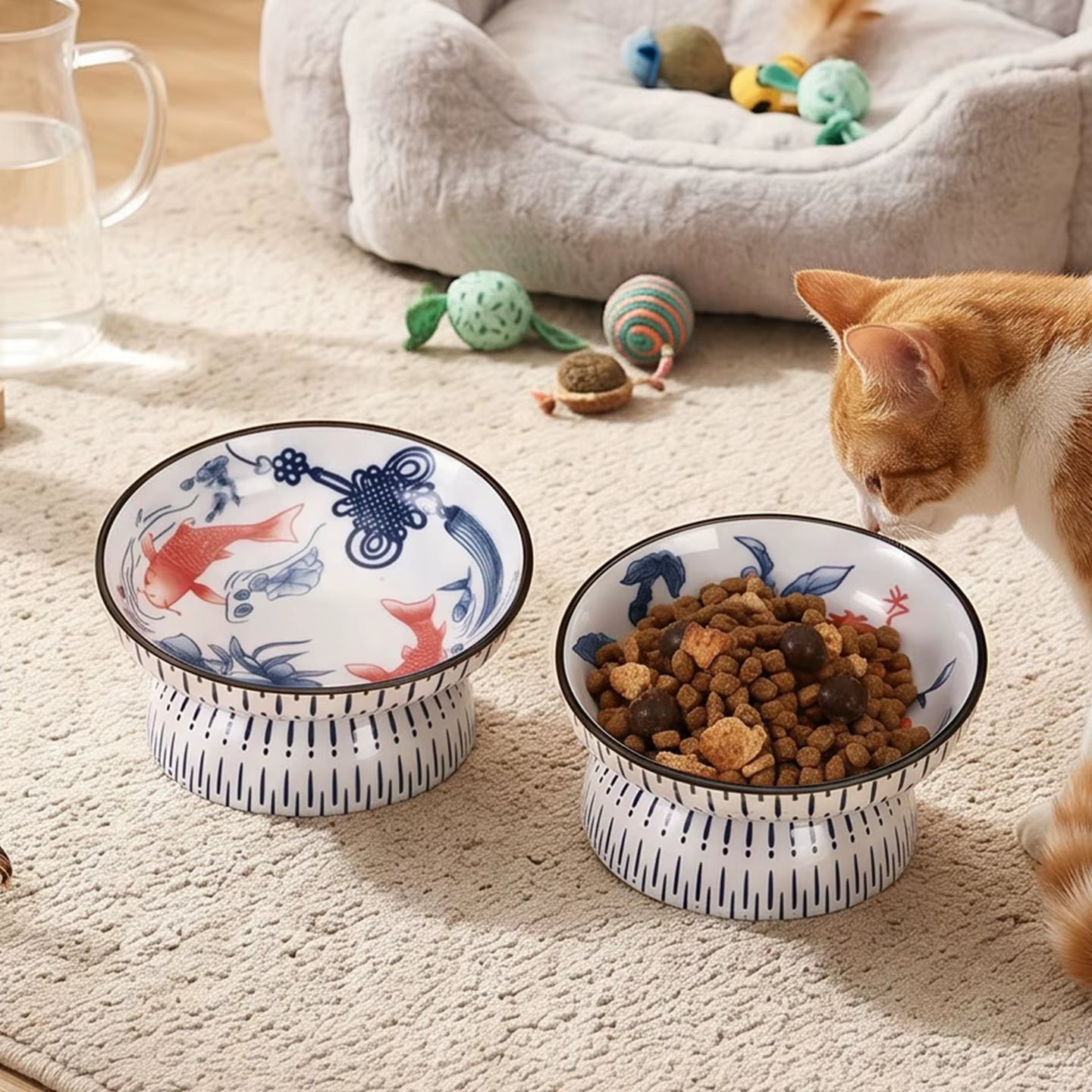 Comedero elevado antivómito azul de porcelana para gatos y perros - imagen 3