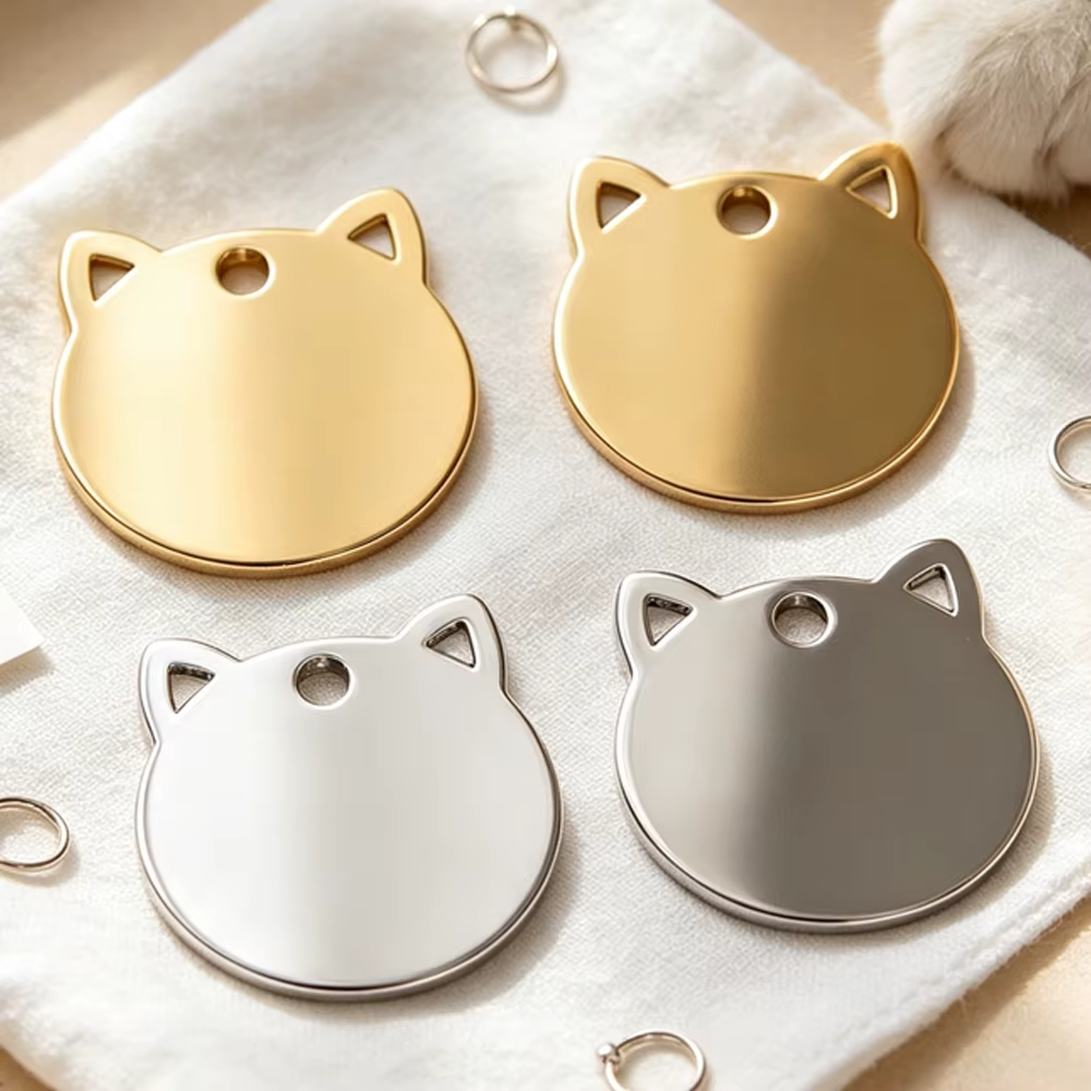 Etiqueta de acero inoxidable con forma de cara de gato