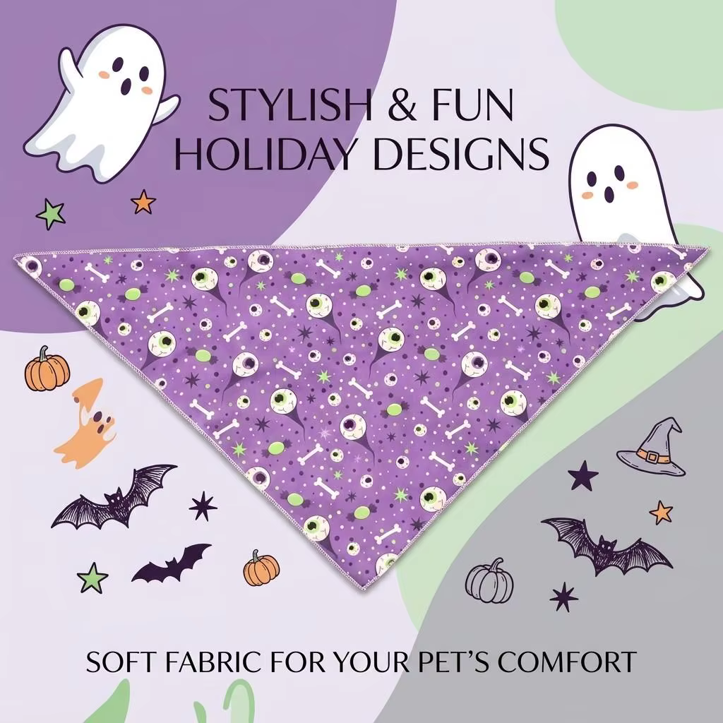 pañuelo triangular morado para perro de Halloween con estampado de ojos y huesos espeluznantes en gato