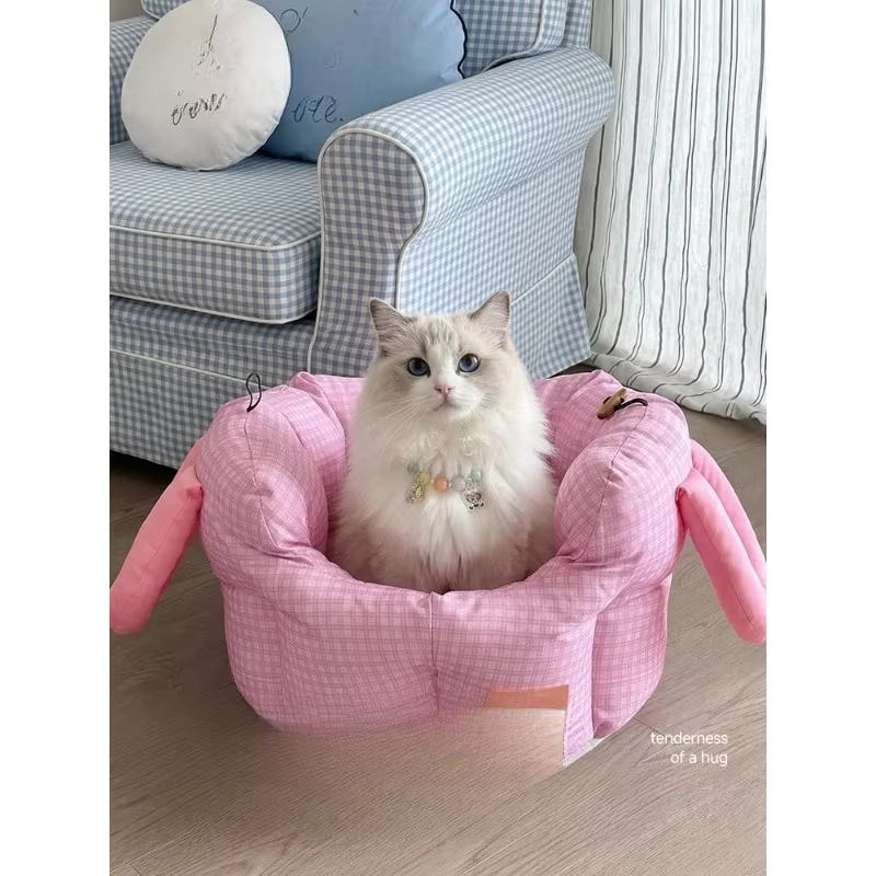 Mochila rosa a cuadros para transportar gatos y perros pequeños – Transpirable y lavable - imagen 3