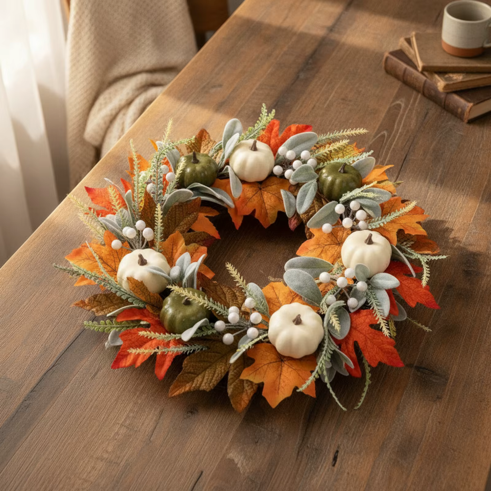 Corona de otoño con calabazas blancas para hogar gatos y perros - imagen 4