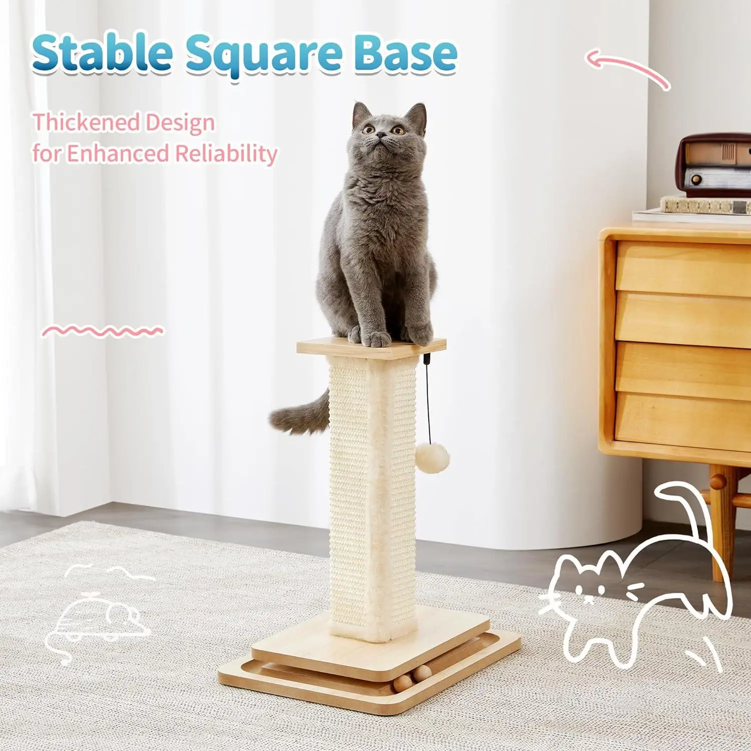 Rascador para gatos con sisal y bola trackball, pom-pom colgante - imagen 2