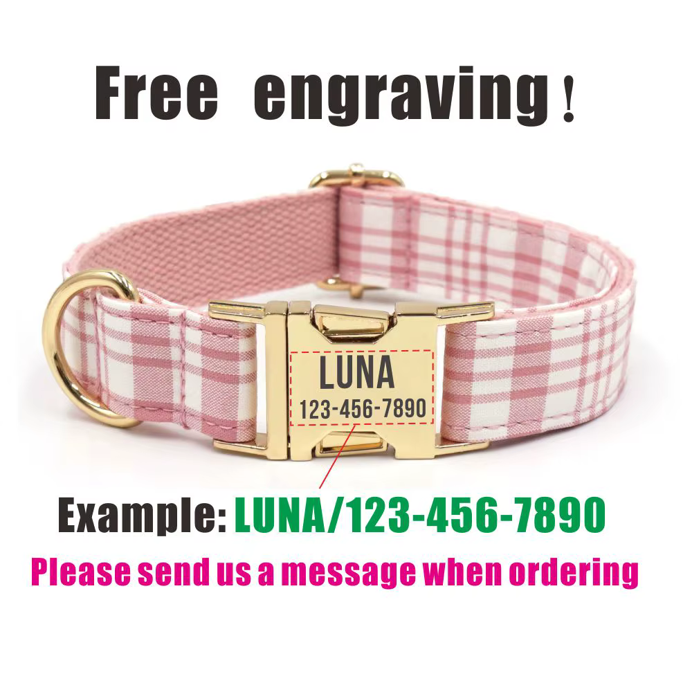 Collar personalizado para perro a cuadros con nombre y teléfono - imagen 4
