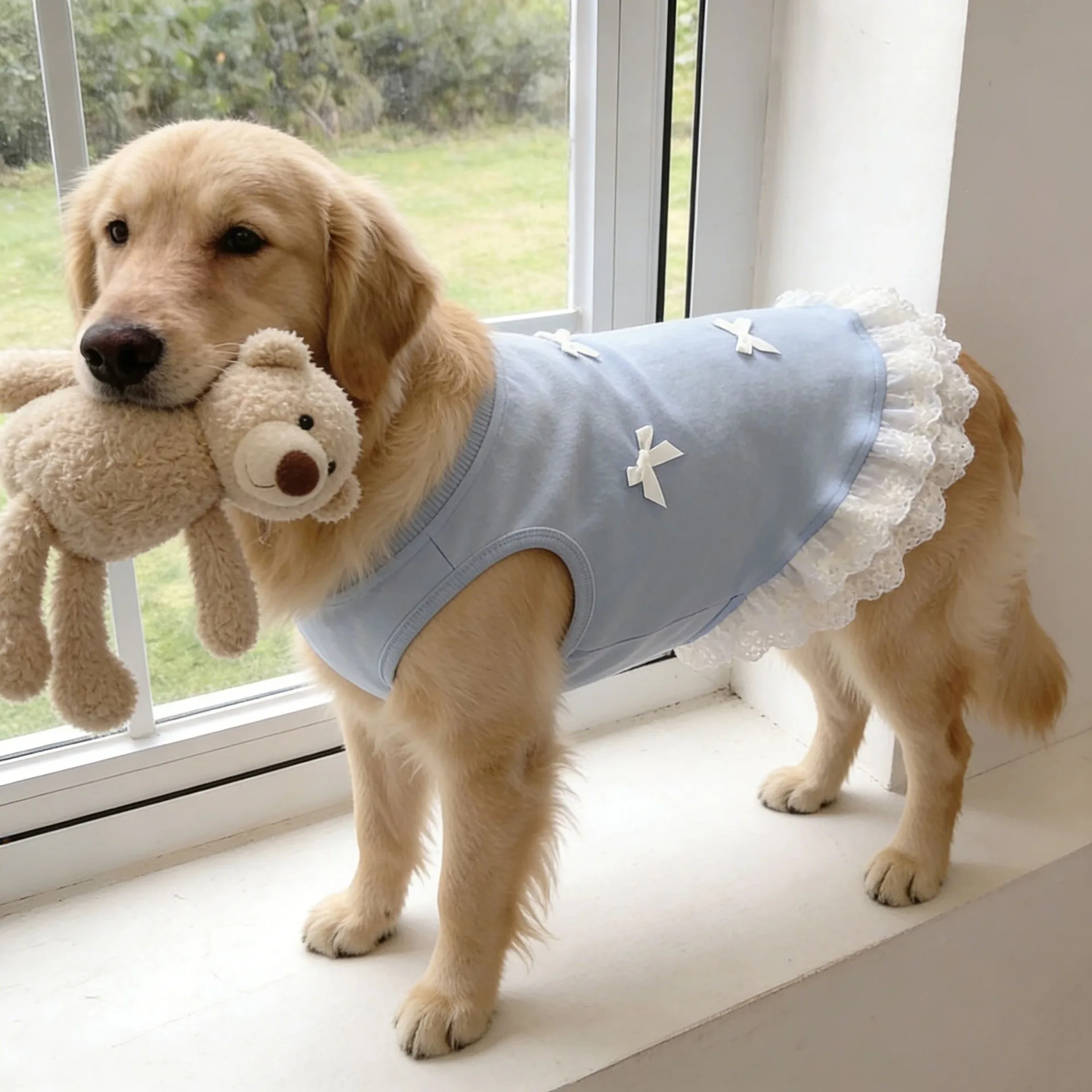 Vestido de verano para perros, fresco y con lazo de encaje azul