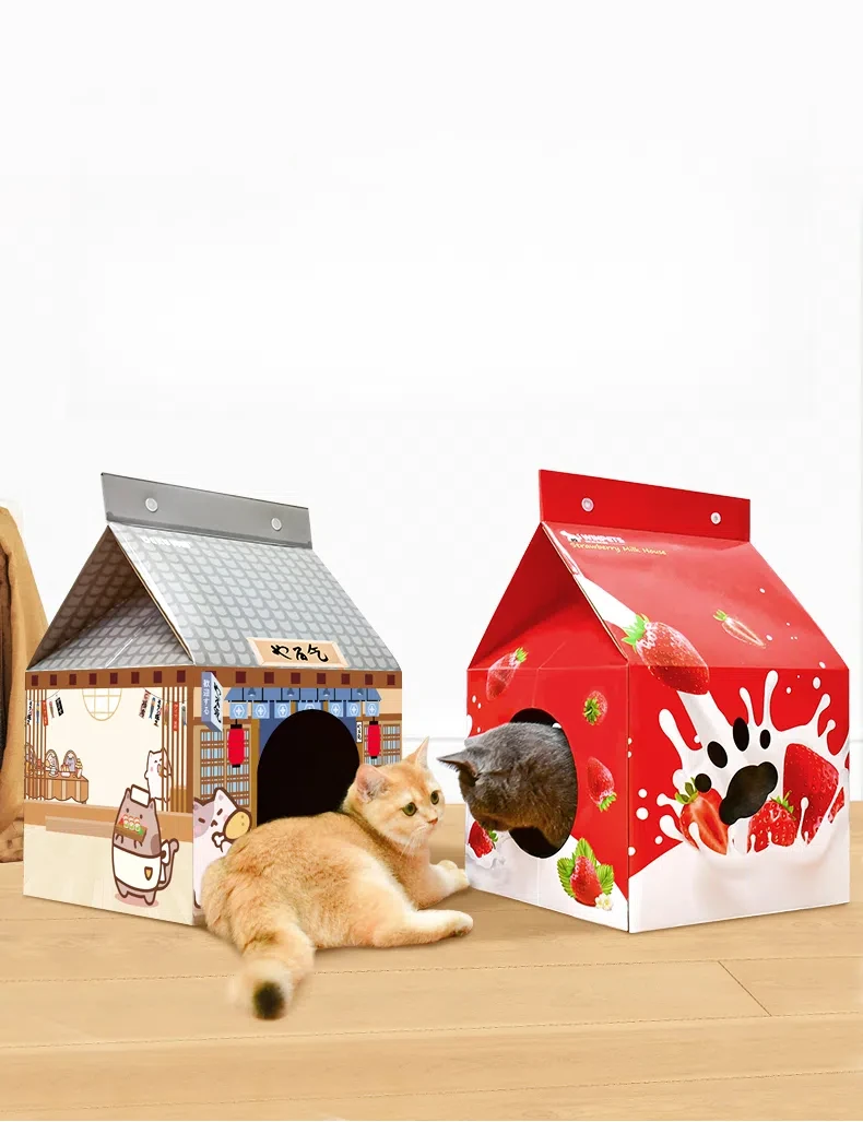 Vista frontal de la casa para gatos con forma de cartón de leche