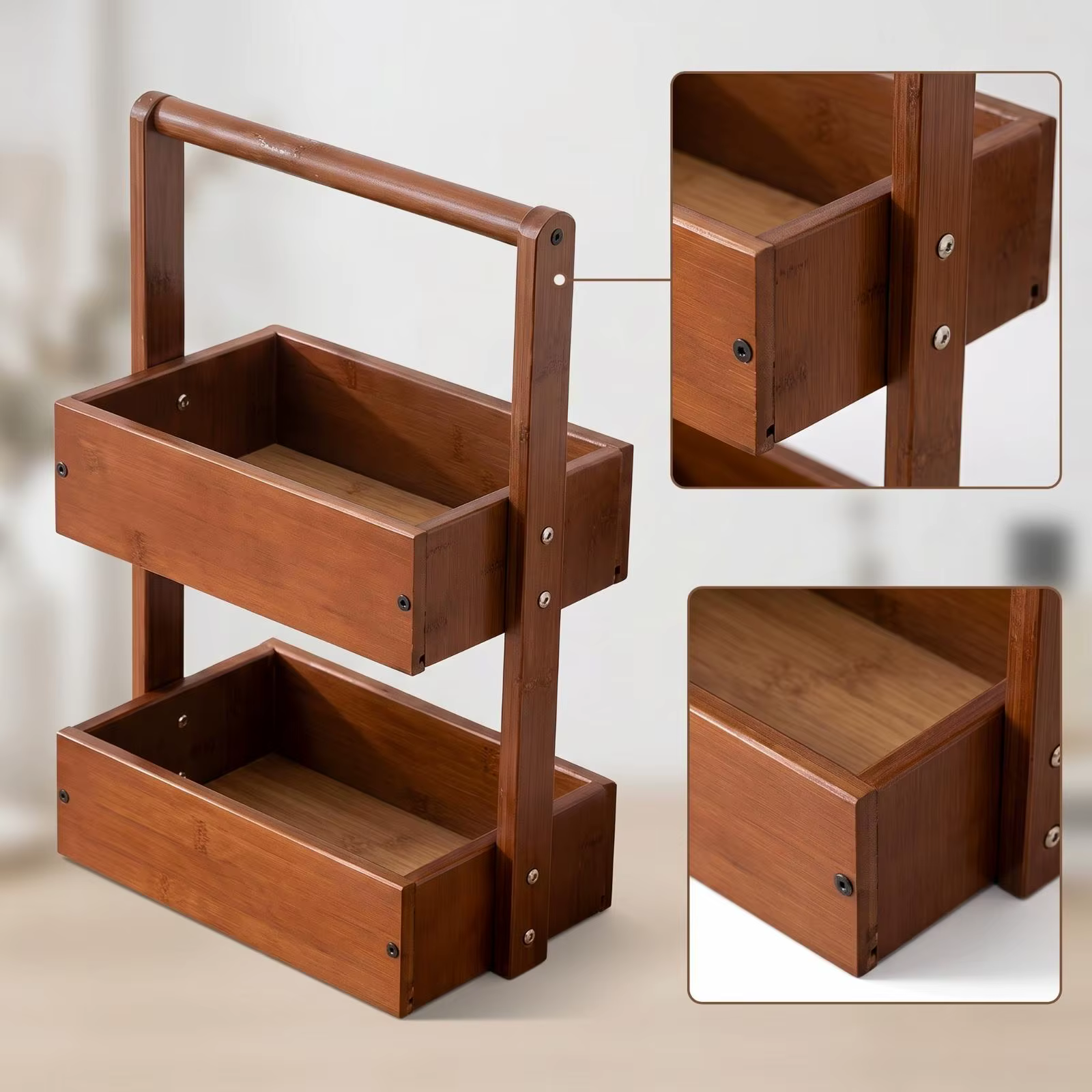 Organizador de madera con asa para encimera – Estantería portátil para baño - imagen 3