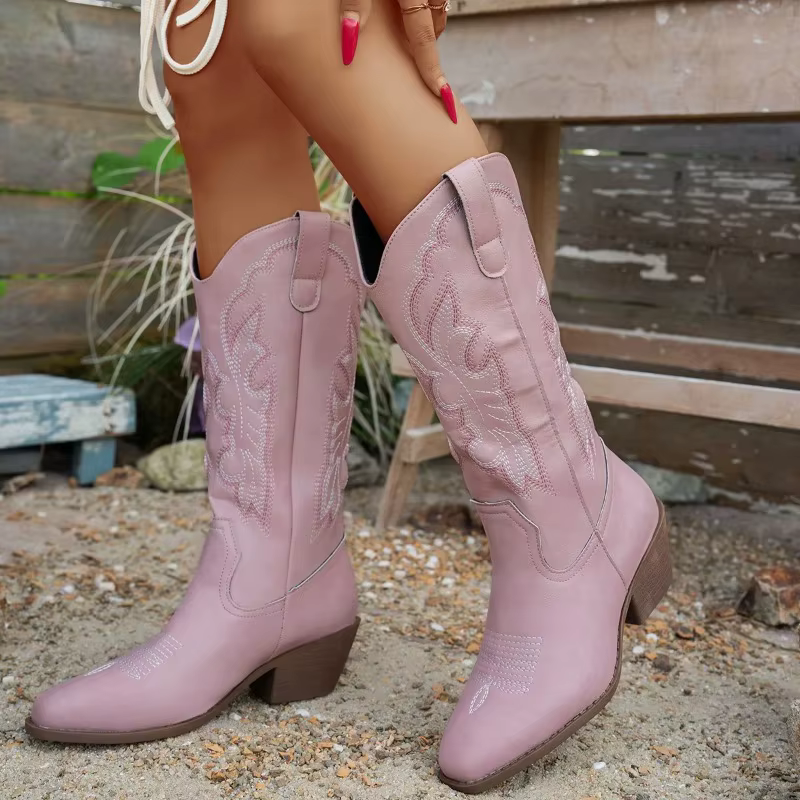 Botas vaqueras altas de mujer hasta la rodilla, tacón ancho y punta fina