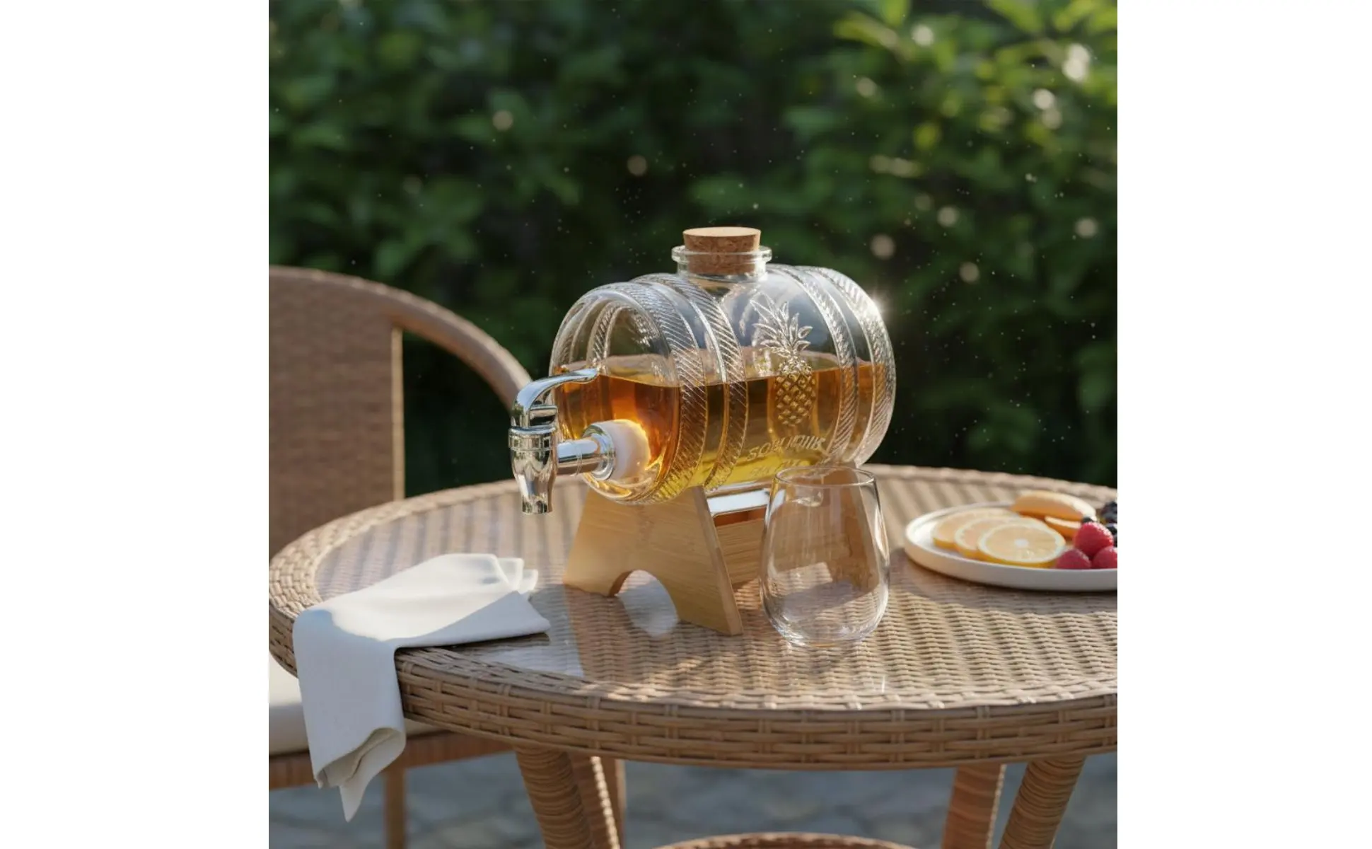 Dispensador de bebidas de vidrio con grifo y soporte de madera