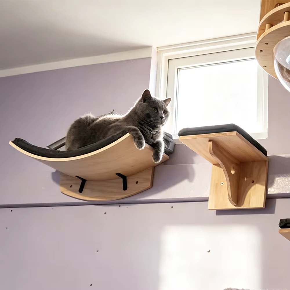 Estante mural para gatos con hamaca, cueva y escaleras de madera