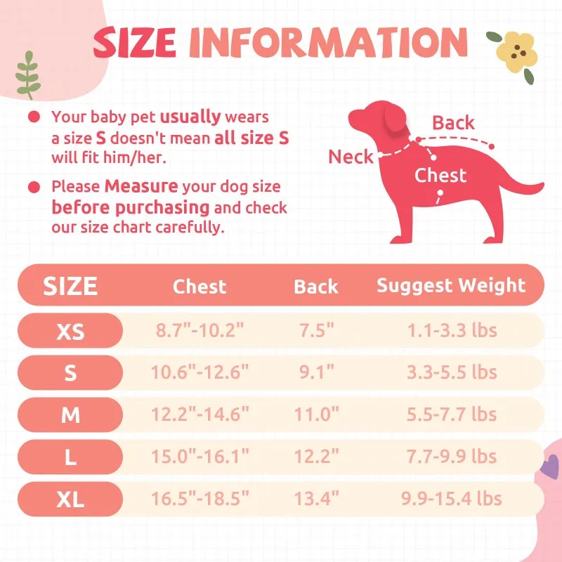 Tabla de tallas de la camiseta para mascota