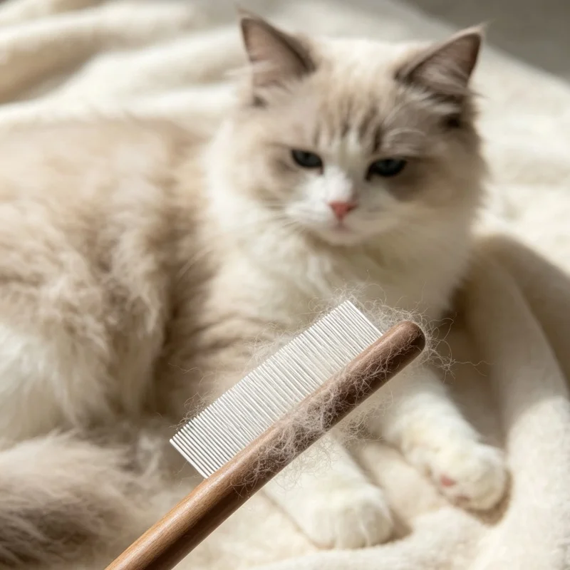 Cepillo pelador de acero inoxidable con mango madera para gatos y perros