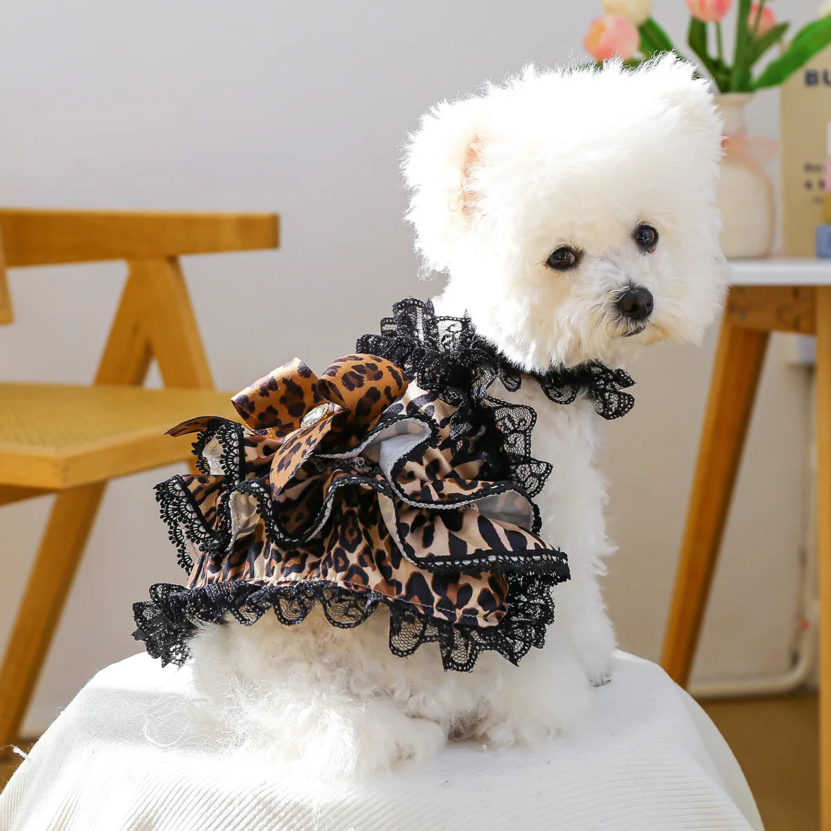Vestido tutú leopardo con lazo para perro y gato – falda volante