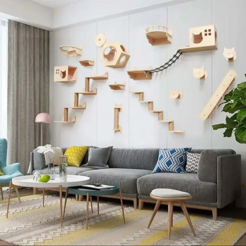 Parque de escalada mural para gatos con hamaca de madera y puente - imagen 4