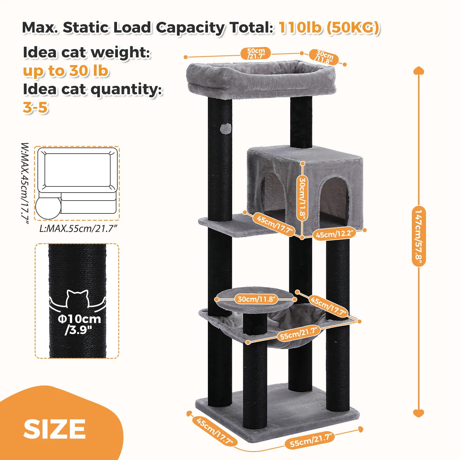 Árbol para gatos multi-nivel con hamaca y postes de sisal