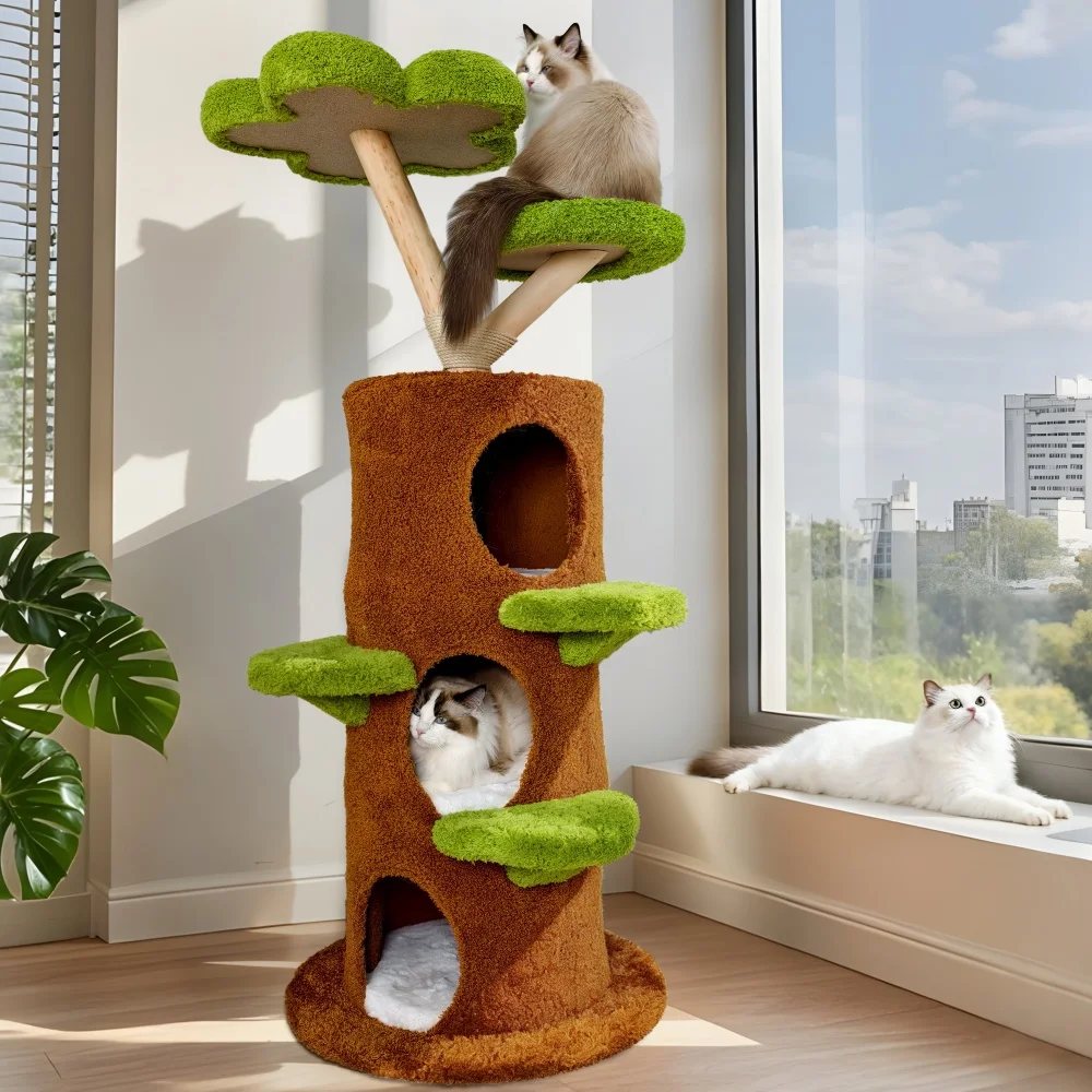 Rascador para gatos con cama tipo casa, torre de madera moderna