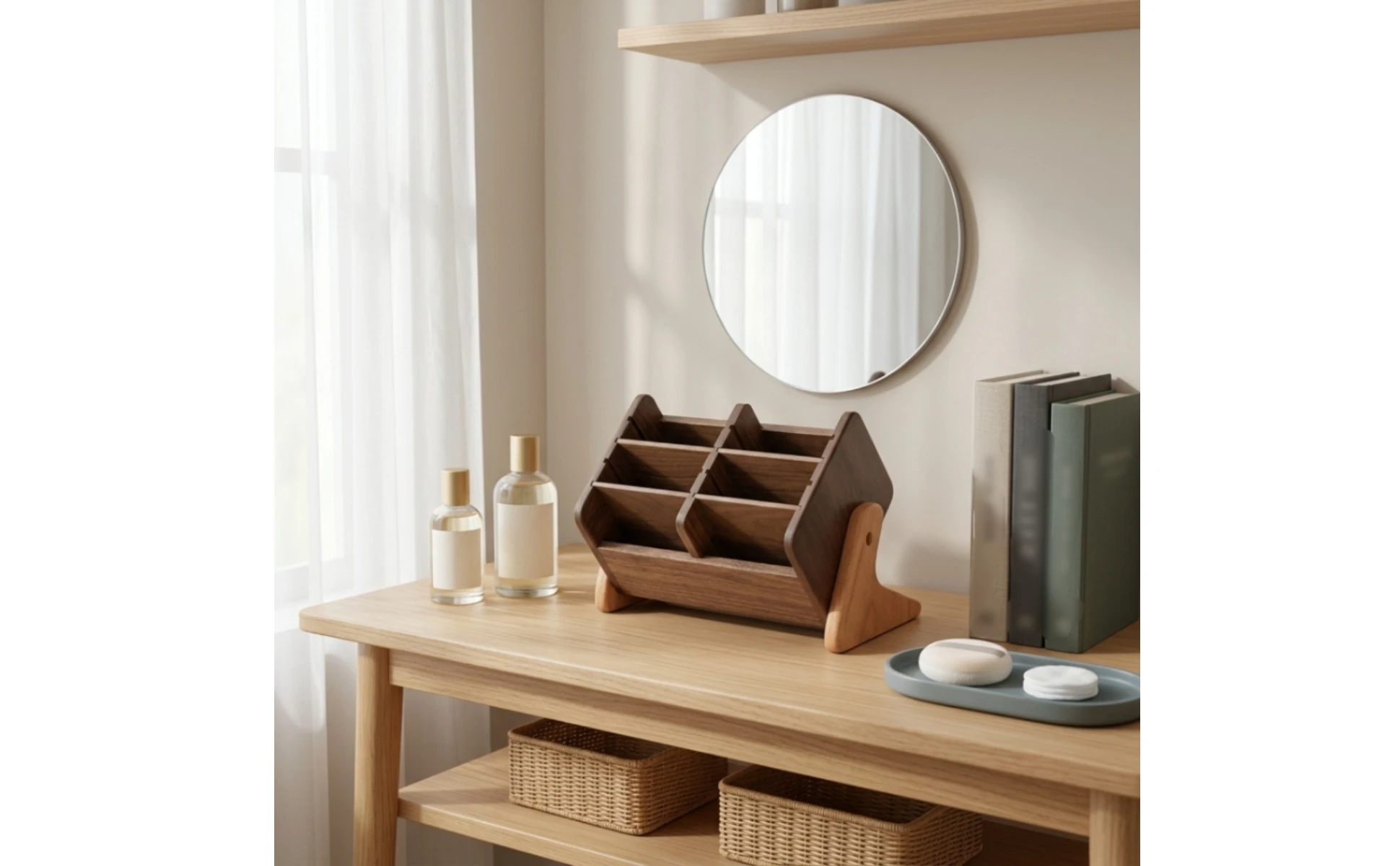 Vista frontal del organizador de madera con compartimentos visibles