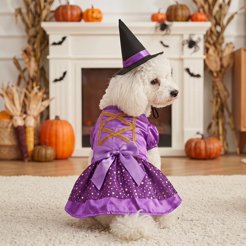 Disfraz Bruja Morada para Perros y Gatos Pequeños – Traje de Halloween con Tutú