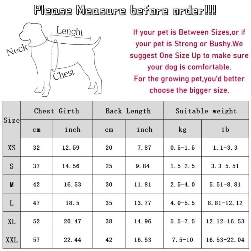 Tabla de tallas del vestido para mascota