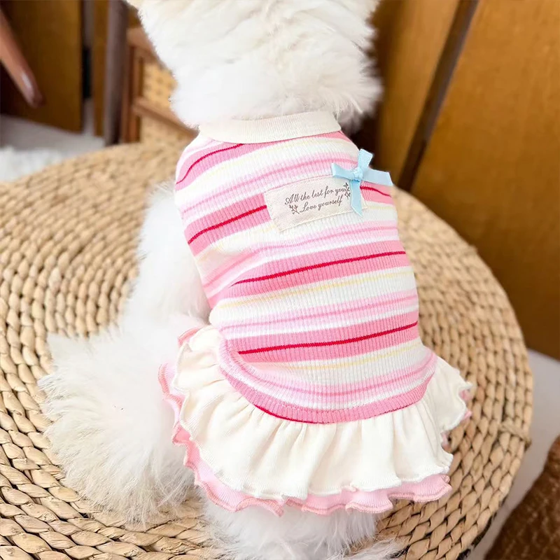 Vestido verano a rayas algodón con lazo rosa para gatos y chihuahua