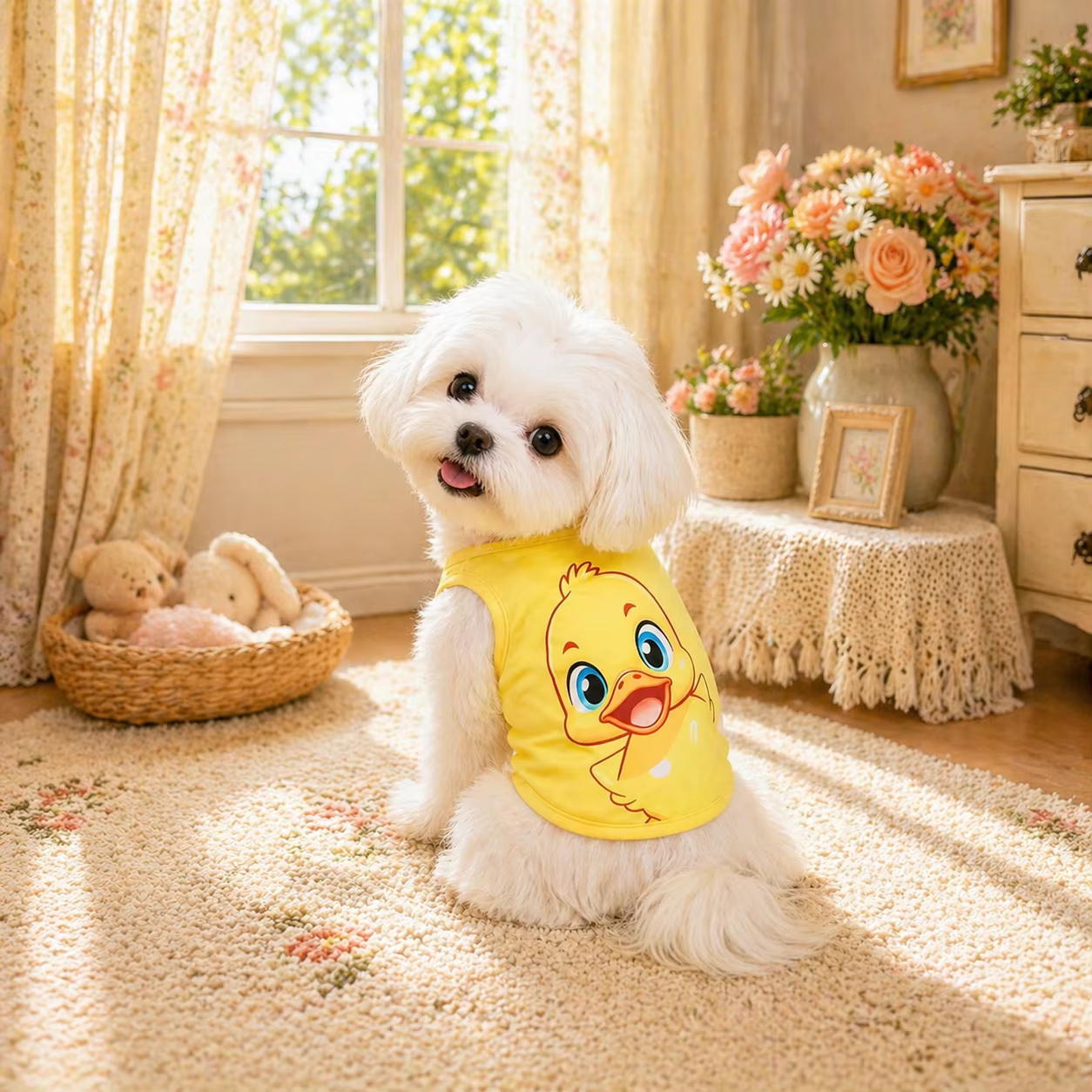 Detalle del chaleco con estampado de pato en mascota pequeña