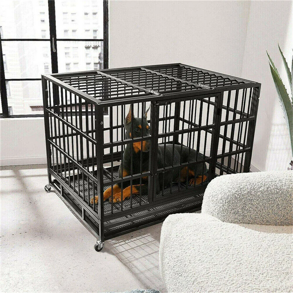 Jaula metálica para perros con ruedas bloqueables y bandeja