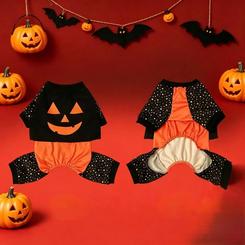 Pijama de Halloween para perro y gato, mono suave con diseño de calabaza - imagen 3