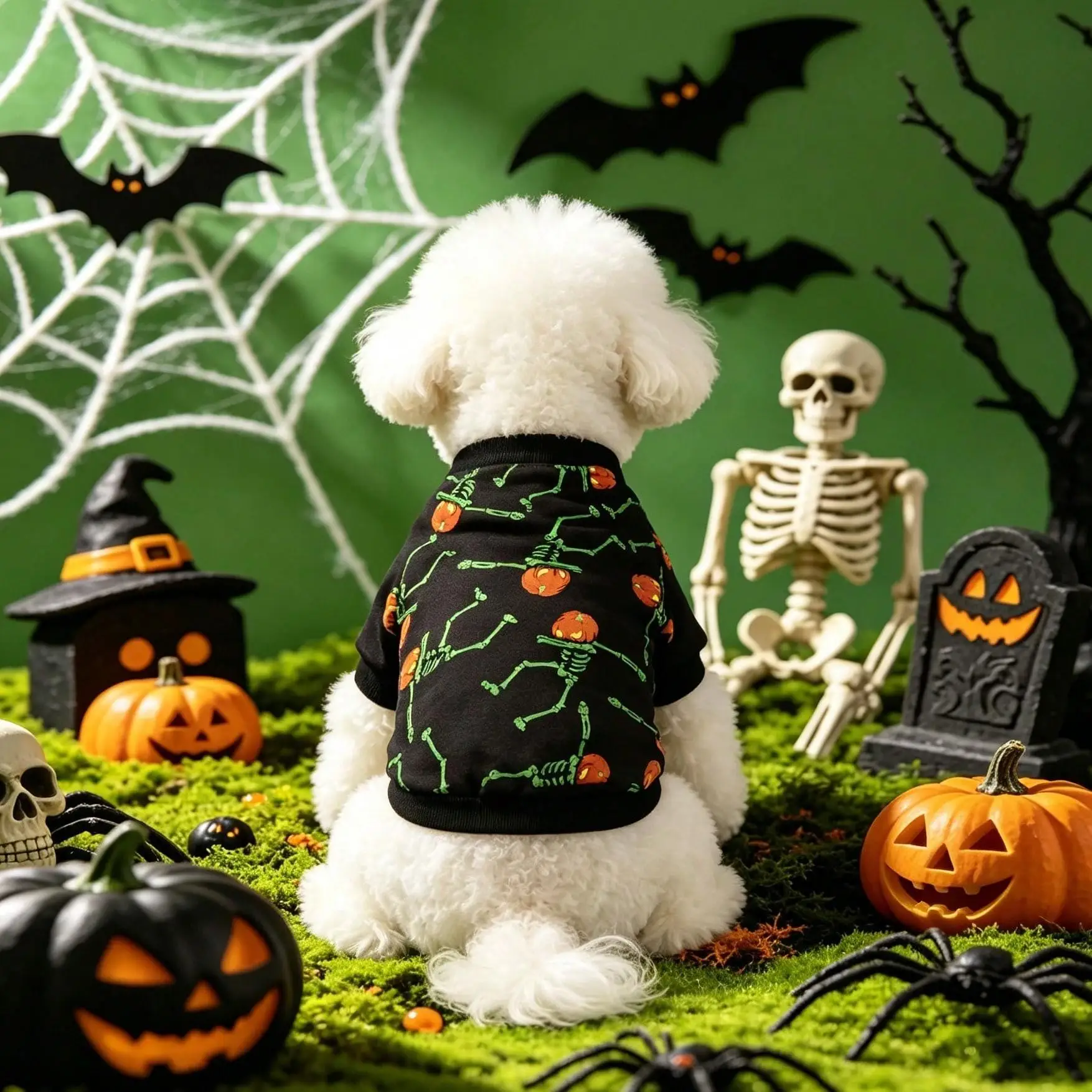 Detalle del estampado de calavera y calabaza en la camiseta