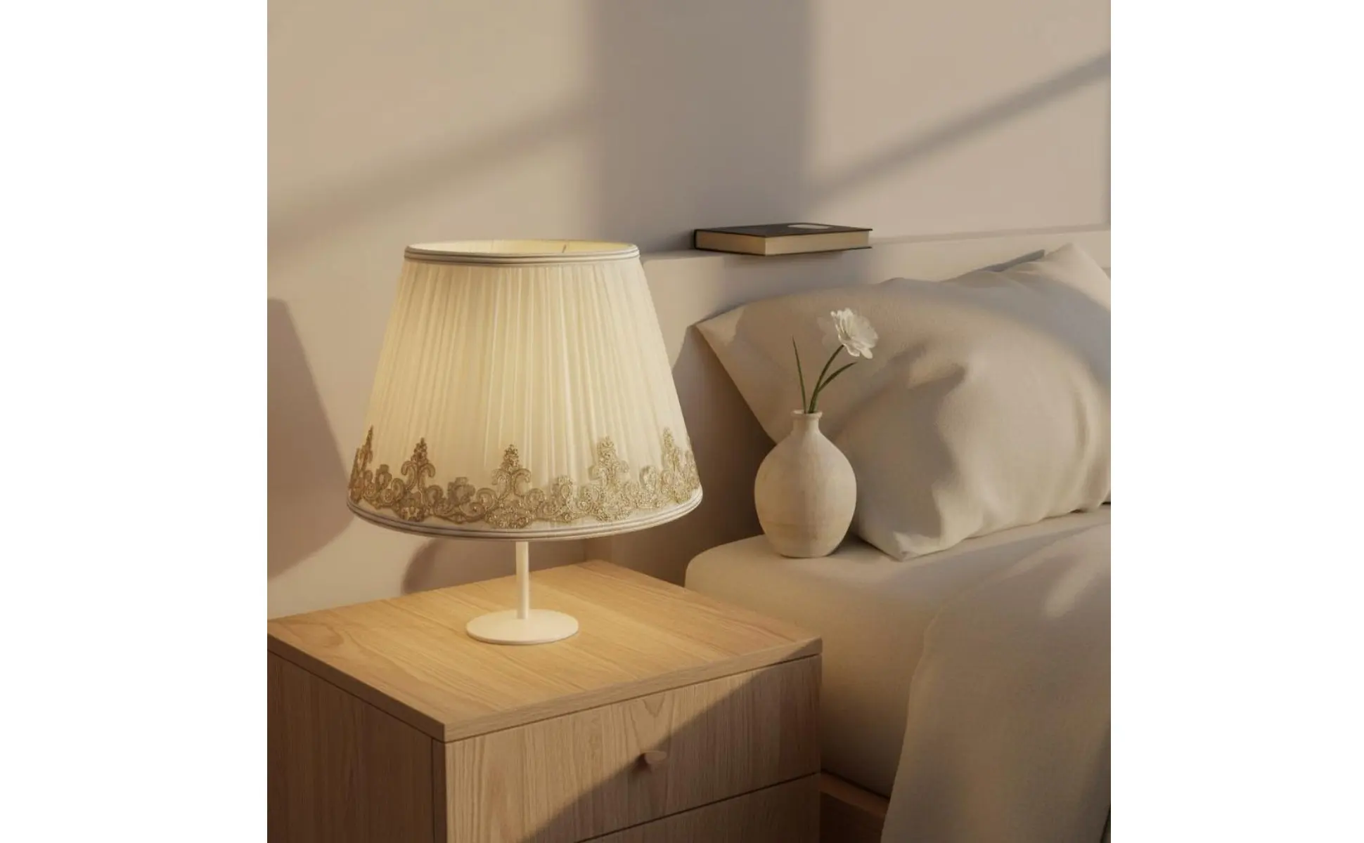 Pantalla de lámpara textil decorativa con ribete de encaje