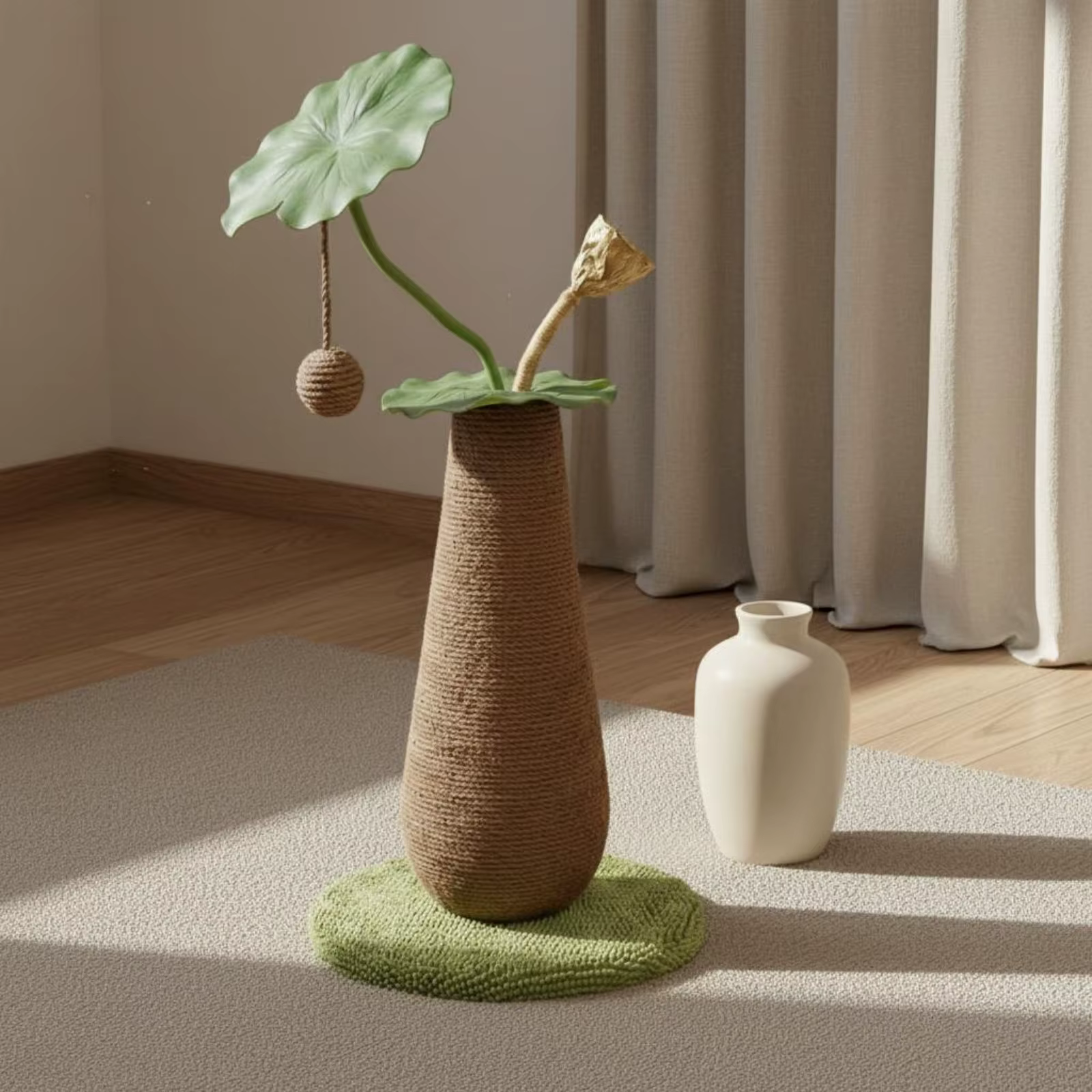 Rascador vertical para gatos con diseño de follaje, verde
