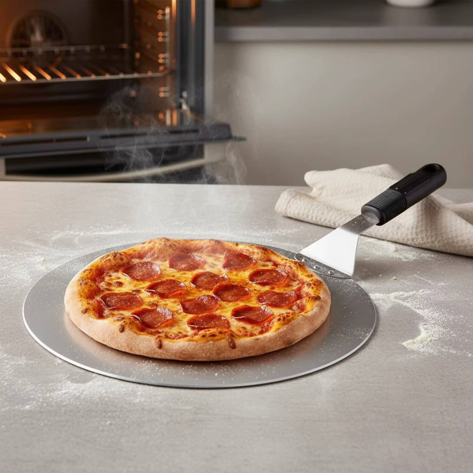 Pala para pizza de acero inoxidable y mango de madera
