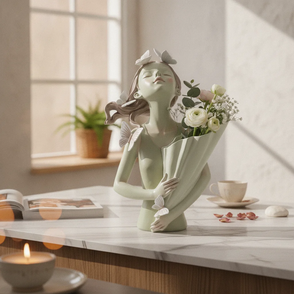 Figura decorativa de mujer con ramo de flores, busto moderno - imagen 3