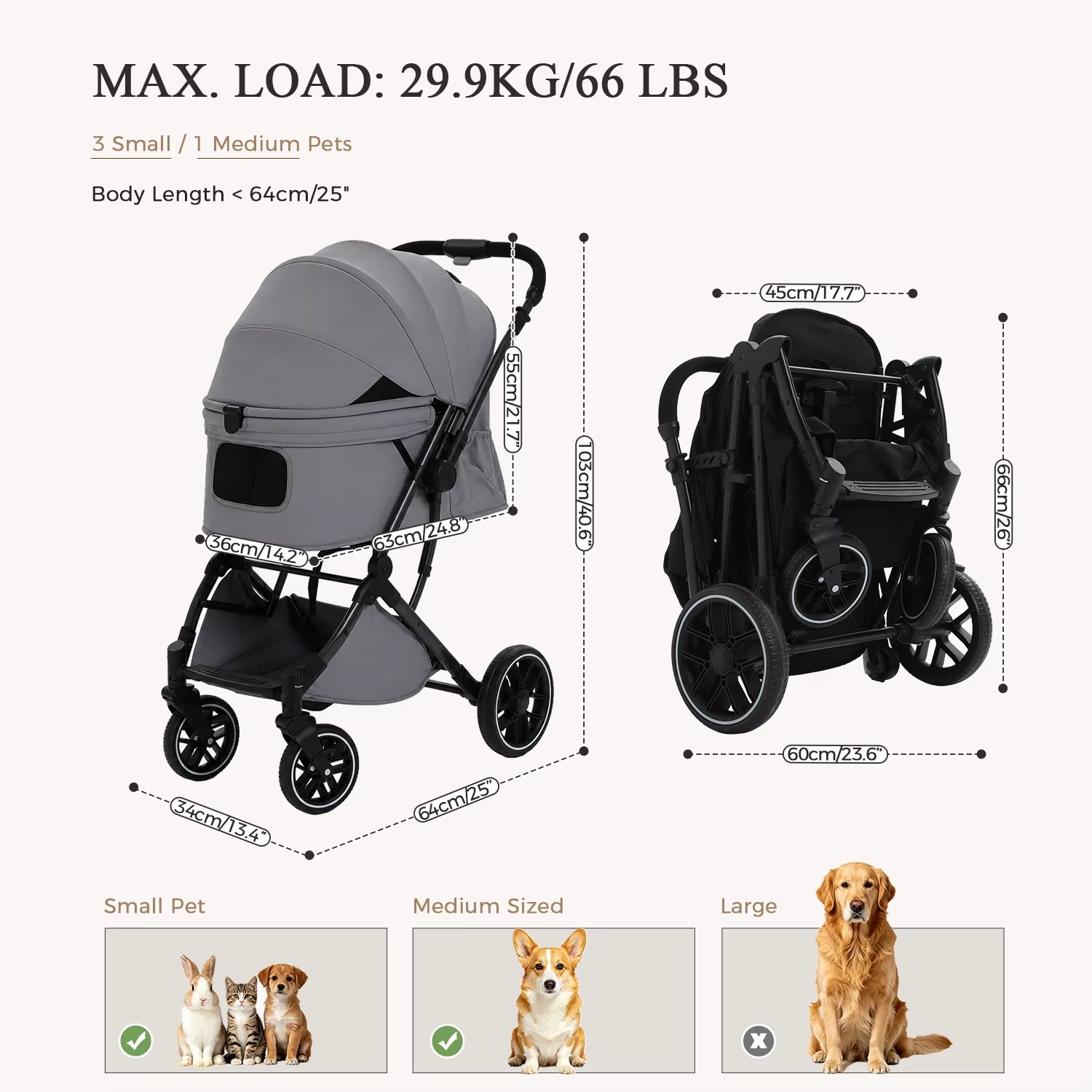 Cochecito plegable para mascotas con manillar reversible y estructura estable