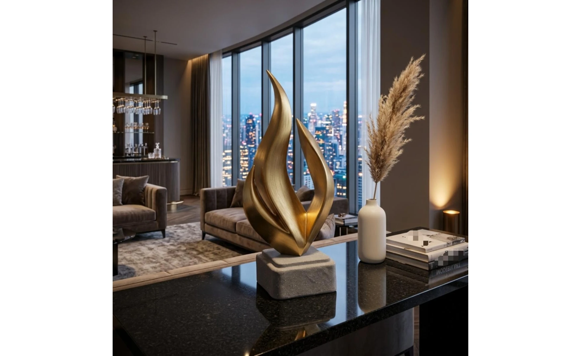 Escultura de llama junto a muebles de salón