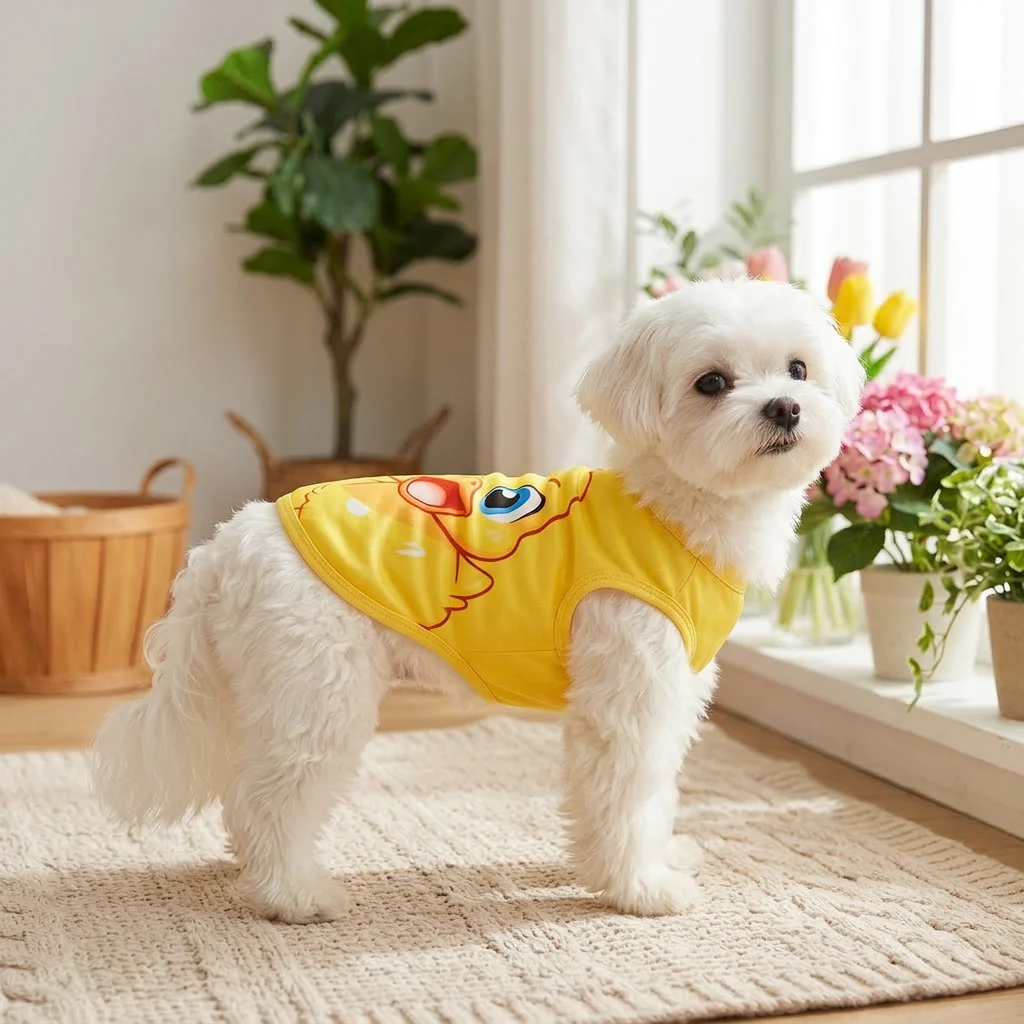 Mascota pequeña con chaleco de pato amarillo