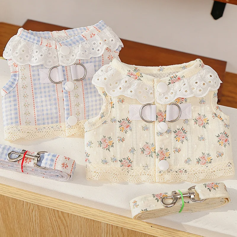 Arnés de malla beige para cachorro con estampado floral