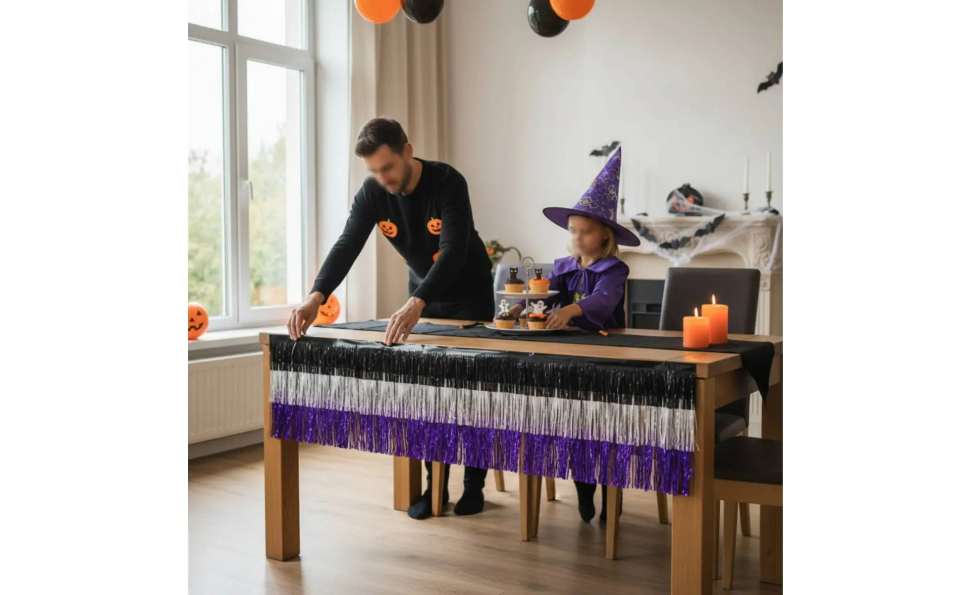 Falda de mesa brillante en tonos negro, blanco y lavanda para Halloween