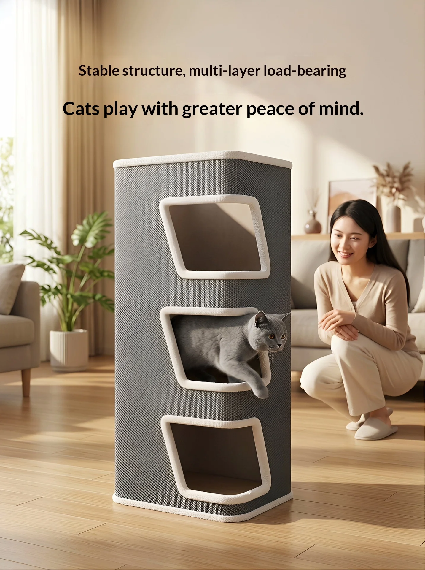 Árbol para gatos con múltiples niveles y cueva cerrada
