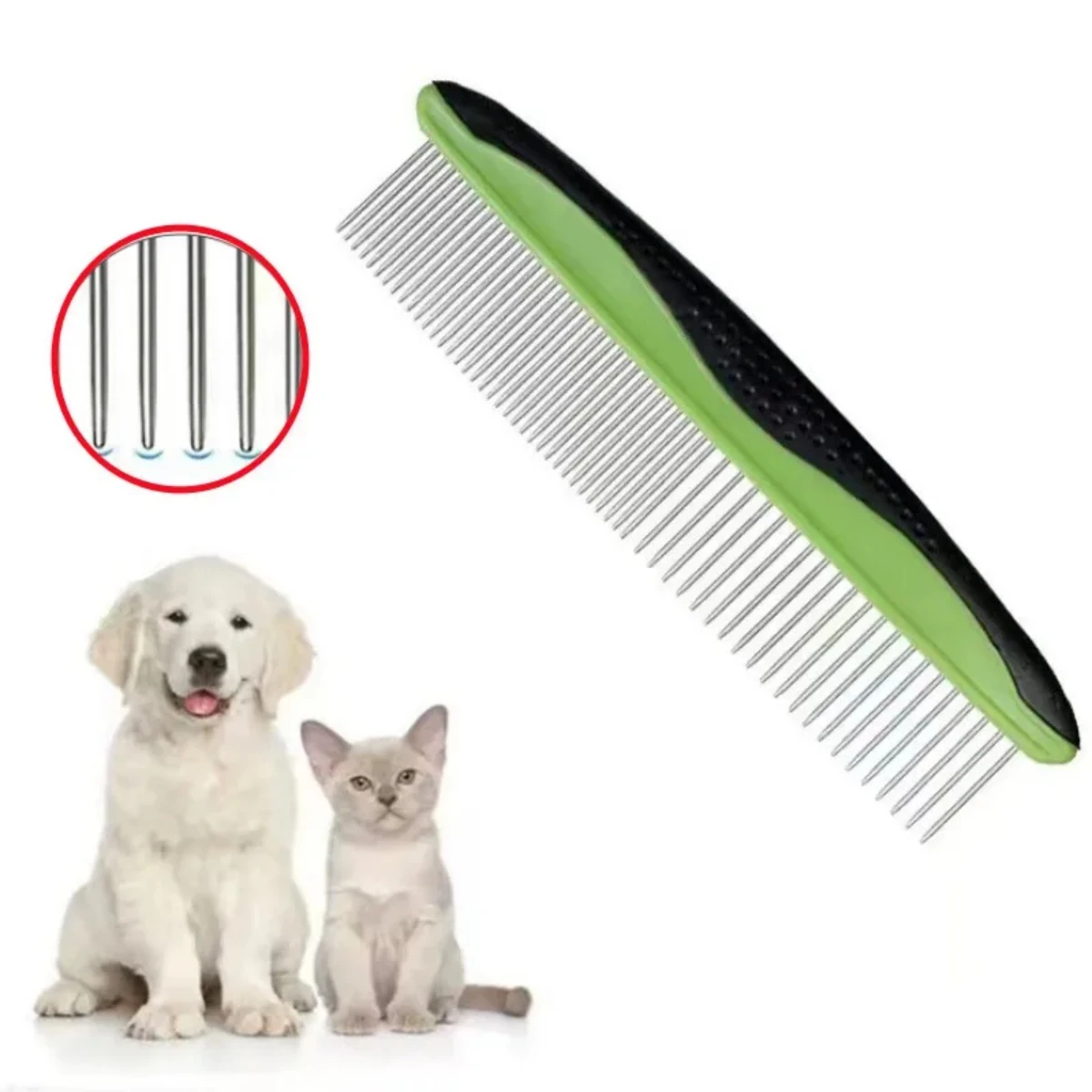 Cepillo y peine de acero inoxidable para perros y gatos en vista frontal