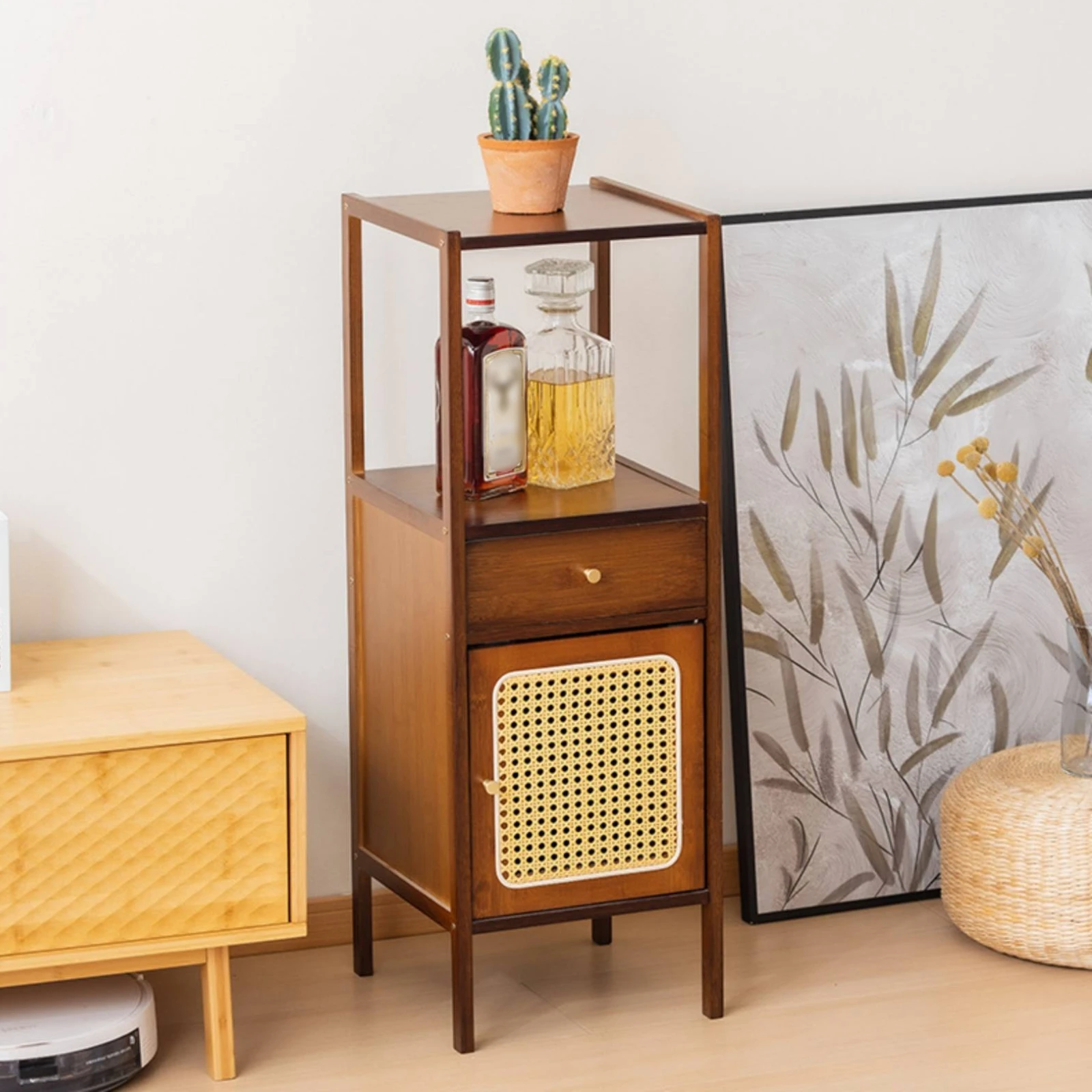 Soporte plantas con cajón y estante – Mueble delgado para salón - imagen 5