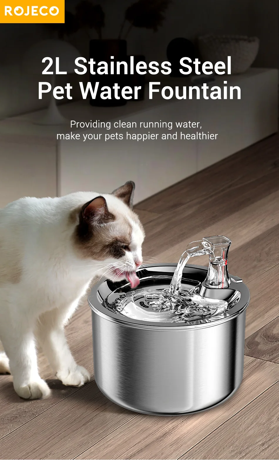 Vista frontal de la fuente ROJECO en acero inoxidable