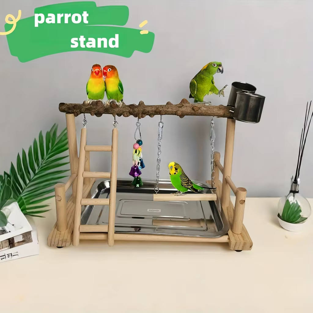 Parque de juegos para pájaros en soporte de madera con escalera